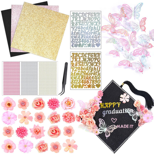 Graduation Cap Decorating Kit DIY Grad Cap Topper Crafts Glitter Cardstock Assorted Artificial Flowers Butterflies Rhinestones Alphabet Stickers Graduation Party Supplies (Pink)