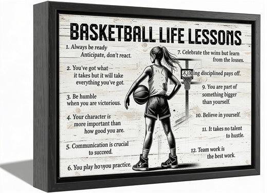 Black Framed Girl Basketball Canvas Wall Art Inspirational Basketball Life Lessons Wall Decor Picture Motivational Girls Sports Poster Print for Teenage Girls Living Room Bedroom Home Decoration