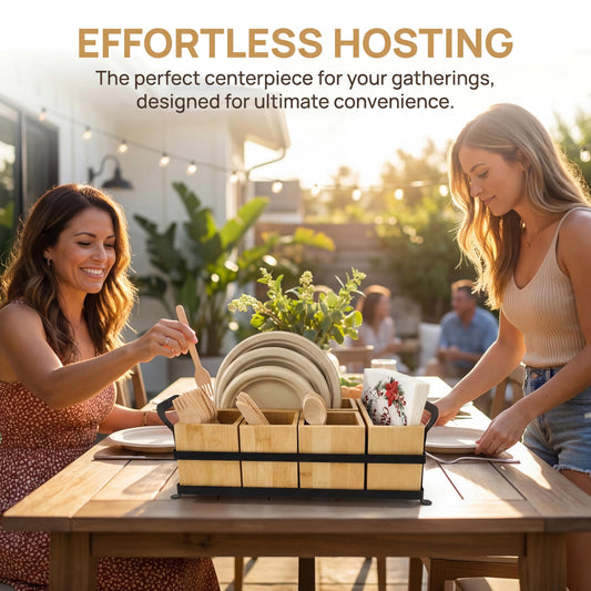GOXTBBW Bamboo Utensil Caddy with Handle - 5 Compartment Silverware Holder for Party & Kitchen Countertop - Removable Wooden Flatware Organizer for Picnic, BBQ, Buffet, RV & Outdoor Dining