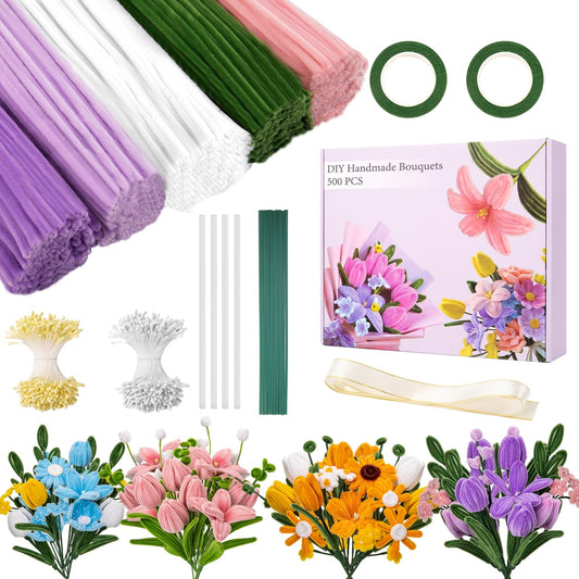 Pipe Cleaners Craft, 500 PCS Pipe Cleaner Flower Kit with 5 Colors Chenille Stems, Floral Wires, Ribbon, Gardening Tape & Stamen for DIY Bouquets, Arts and Crafts Supplies