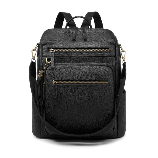 UEIRY Genuine Leather Backpack Purse for Women Convertible Shoulder Bag with Multiple Pockets for Travel Work School（Black）