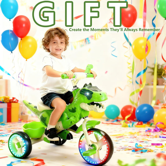 NMM Dinosaur Tricycle for Toddlers, Kids Trike with Music, LED, Tricycles for 3-5 Year Olds, for Rider, Big Wheel, Storage Basket, Horn, Toddler Bike for Boy, Dinosaur Toys for Kids 2-4 4-7