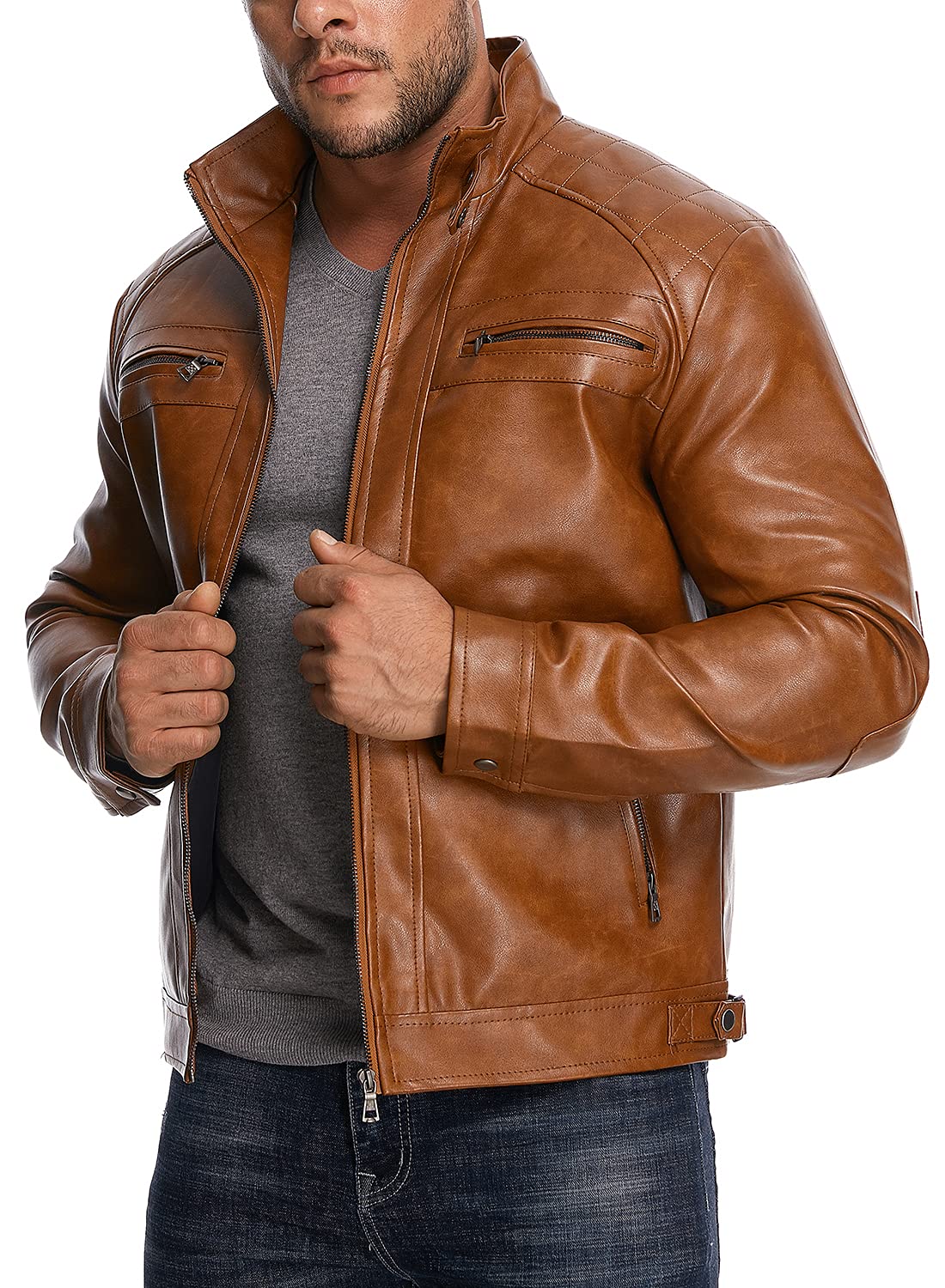 HOOD CREW Men’s Stand Collar Leather Jacket Casual Faux Leather Motorcycle Jacket Outerwear Coat with Zipper Pockets Brown XL