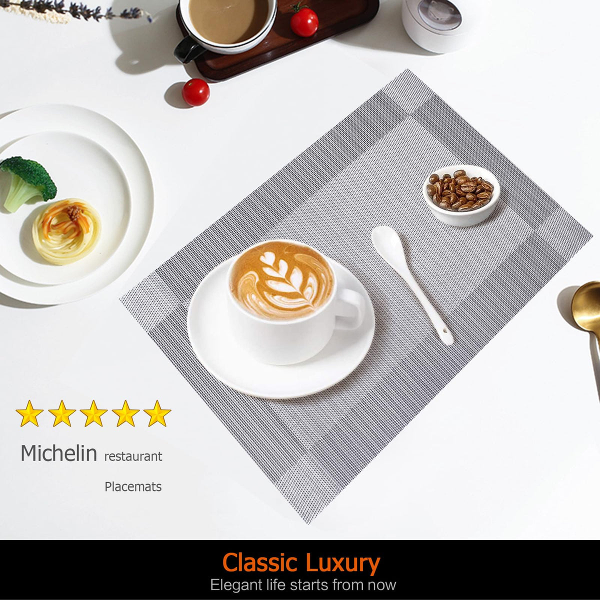 Uolr Placemats Set of 6 Washable&Wipeable Silver Place mats for Dining Table Kitchen Indoor Outdoor Table Mats Heat Resistant Non Slip Woven Vinyl Table Placemats (Grey，6PCS)