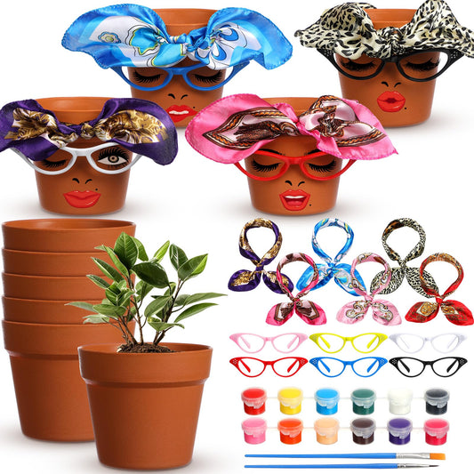 Sliner 6 Set Cute Face Flower Pot Head Planter Funny Plant Pots Painting Kit Include Glasses Silk Scarf Acrylic Paint Glasses Flower Sister Planter Adults Art Painting Spring DIY Crafts