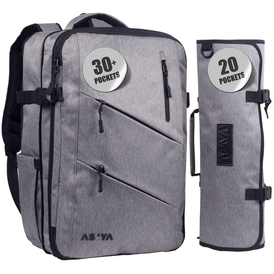 Asaya Chef Knife Backpack with 20-Pocket Knife Roll Bag - Over 30 Storage Pockets Chef Bag, Professional Backpack for Chefs and Culinary Students – Knives Not Included (Grey)