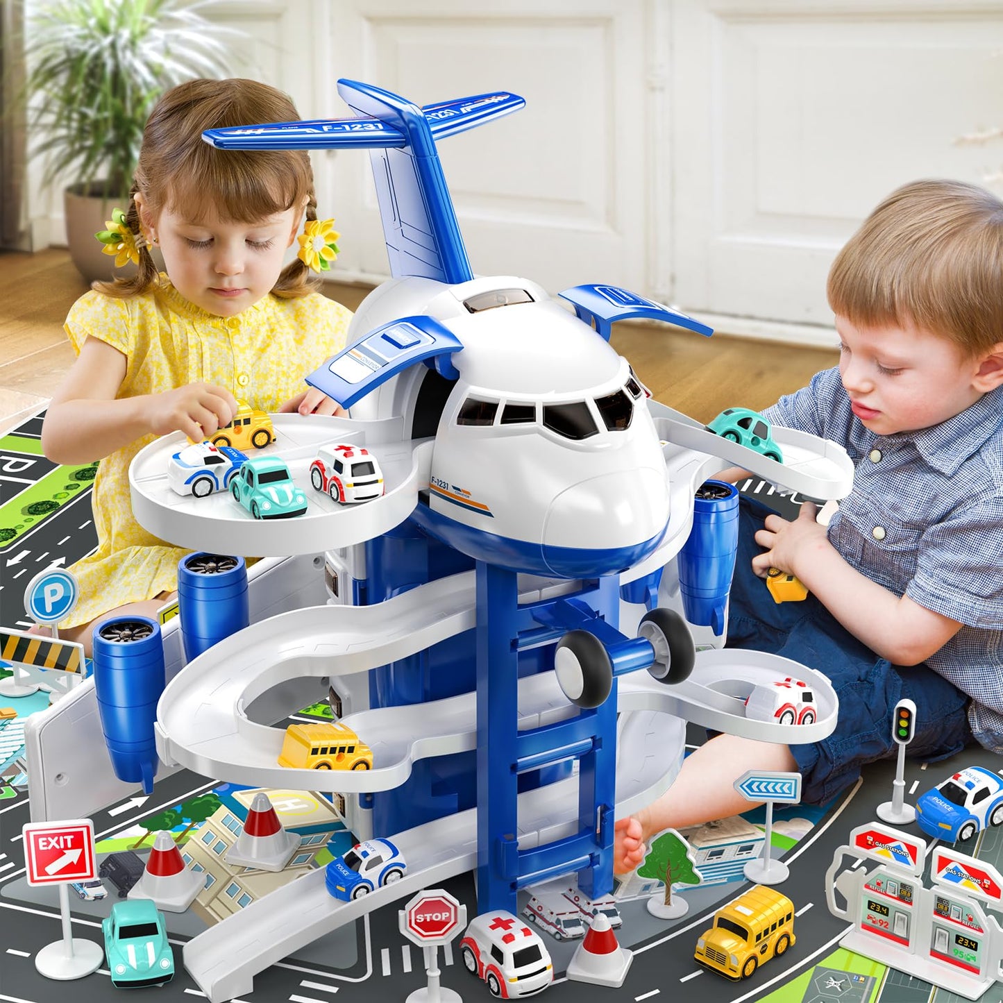 DULONIME Airplane Toys for Toddlers 3-5 - Car Race Tracks for Kids Ages 4-8 with 8 Small Car Toys, Educational Toys for Kids Ages 4-8, Birthday Gifts for Boys 3-5, Birthday Gifts for Boys Girls 4-7