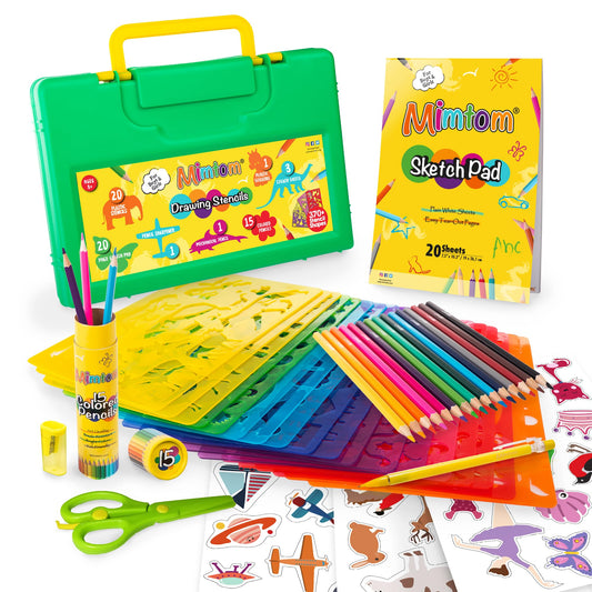 Mimtom Drawing Stencil Kit for Kids, 60 PC Art Set with 370+ Shapes, Sketch Pad, and Colored Pencils for DIY Arts and Crafts for Boys and Girls, Draw with Letter, Animal and Car Stencils, Green
