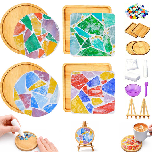 GHAHILI 4 Sets DIY Mosaic Kits for Adults - Graduation Birthday Gifts Glass Mosaic Tiles for Crafts with Wooden Coasters for Women Mosaic Art Kit Craft Coaster Handmade Making Kit Set for Home Decor