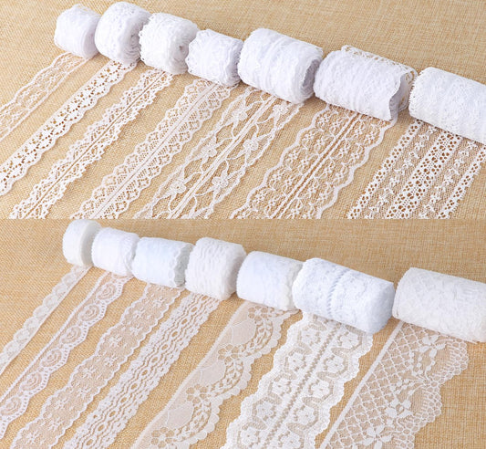 ilauke 46 Yards White Lace Ribbon 14 Rolls Vintage Lace Trims 0.6 to 2.1 inch Ribbon Laces with Assorted Pattern for Sewing, Crafts, Wedding Decor, Flower Ribbons, 3.28 Yards Each