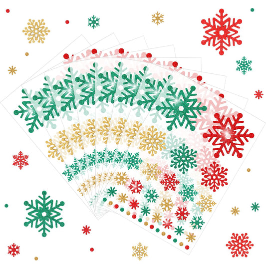 Outus 16 Sheets Snowflake Stickers Glitter Winter Frozen Stickers Snowflake Party Favors Christmas Scrapbook Crafts Assorted Size, 39 Pcs Snow Flakes Dot Decals Per Sheet (Red,Green,Gold)