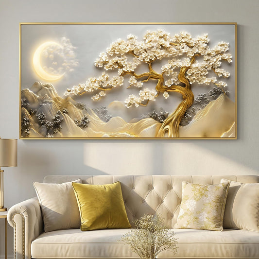 BirdSuite Gold Framed Lucky Tree Wall Art, Framed Canvas Print with Golden Tree & Moon Landscape, Ready to Hang Wall Decor for Living Room Bedroom Office Dining Room Entryway 48x24 inchs