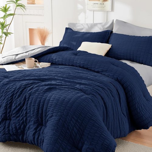 HYMOKEGE Twin XL Comforter Set - Navy Blue & Light Grey Seersucker | 5-Piece All-Season Luxury Bedding Set