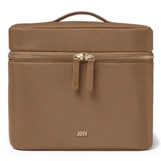 July Vanity Cosmetic Case - Stylish Travel Makeup Bag for Women with Removable Wet Pouch, Upright Bottle Design, Clear Top Pocket, Leather Handle, Travel Essentials, Toiletry Organizer - Light Brown