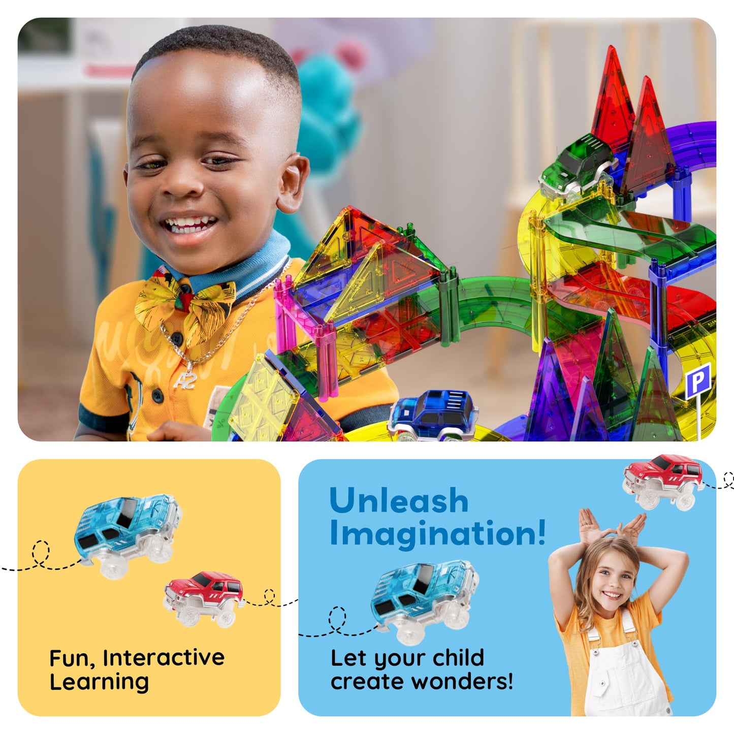 PicassoTiles 128pcs Magnetic Race Car Track Building Block Educational Toy Set Tiles Magnet Playset 3 LED Car STEM Learning Construction Kit Fine Motor Skill Training Brain Development for Kids Age3+