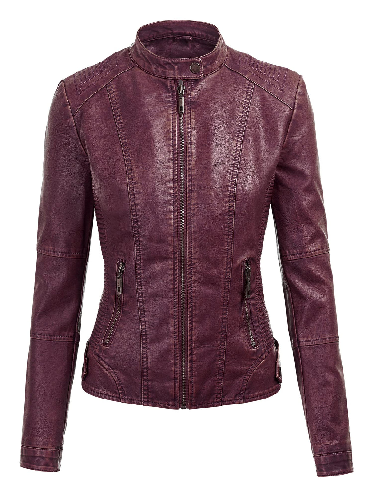 Made By Johnny MBJ WJC1044 Womens Faux Leather Quilted Motorcycle Jacket with Hoodie XS Wine
