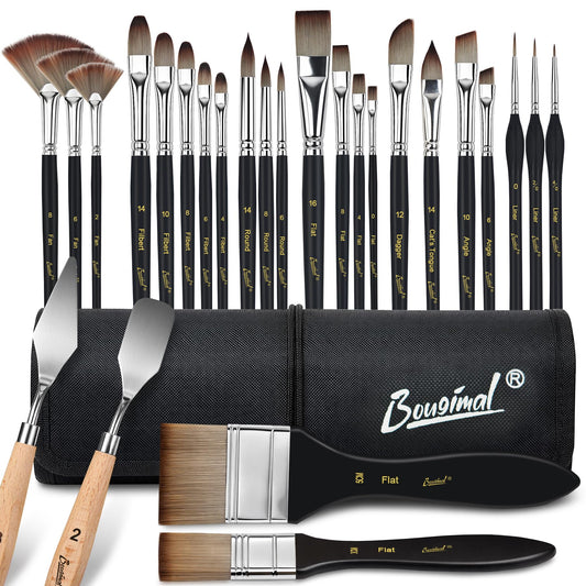 Bougimal 26pcs Paint Brush Set, Professional Acrylic Paint Brushes with Flat, Filbert, Fan, Dagger, Cat Tongue, Round, Palette Knife, Artist Paint Brushes for Acrylic Painting, Oil, Watercolor (Black)