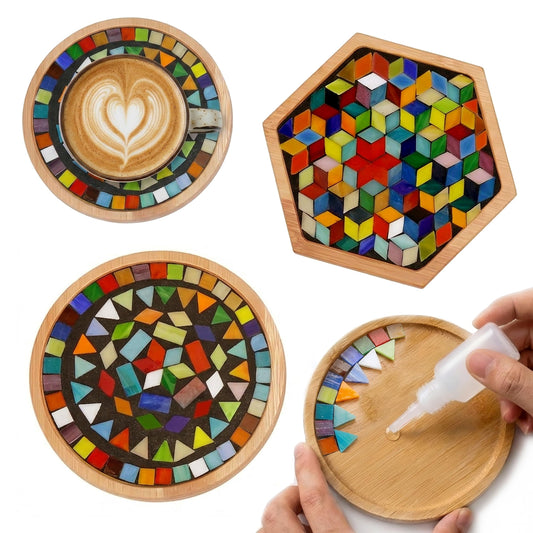 Nuyoach DIY Mosaic Tiles Crafts Kits for Adults, Mixed Stained Glass Mosaic Kit with 2 PCS Wooden Coaster Making Materials Package,Mosaic Adult Crafts for Women Beginners Handmade Home Decor Gifts