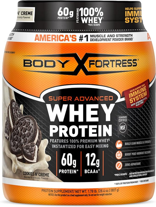 Body Fortress Super Advanced Whey Protein Powder, Cookies N??Creme, 60g Protein & 12g BCAAs Per 2 Scoops, Muscle Gain & Recovery, Immune Support with Vitamins C & D, 1.78lbs (Packaging May Vary)