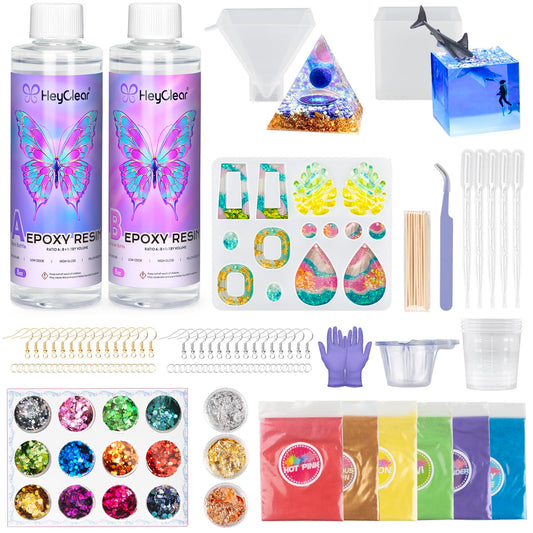 HeyClear 16 oz Epoxy Resin Kit with Molds for Beginners, Super Clear and Hard Resina Complete Craft Supplies Set for Starters Casting Arts Crafts for Adults, Jewelry Making, DIY Creation Gifts