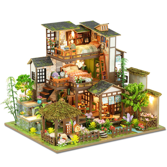 ISSEVE DIY Miniature House Kit, Tiny House Dollhouse Kit for Adults, Mini House Building Kits, Miniature Kit Adult Craft Diorama Kit Home Bookshelf Decoration, Birthday Gifts (Bamboo Spring Courtyard)