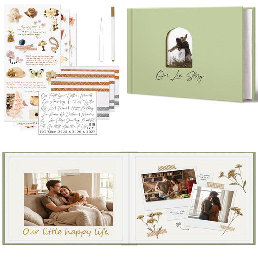 Vienrose Scrapbook Photo Album, 8"x6" DIY Scrap Book Picture Linen Cover Kraft Paper with 26 Pages, Crafting Scrapbooking Supplies for Wedding, Baby Shower, Family, Graduation, Sage Green