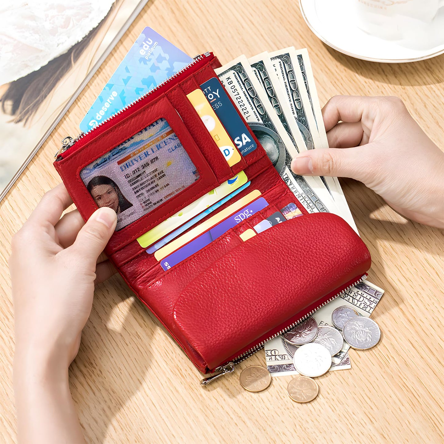Unisex Pebble Leather Wallet, 5.3In Short Genuine Leather Coin Card Holder, Two zippered pockets, Unisex Clutch Bags, Can Hold Coins, Cards, Id Cards (Black)