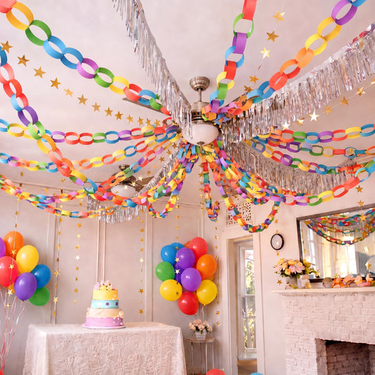 Qeeenar Fancy Party Decor Set 308 Sheets Colorful Paper Chains Strips and Sliver Metallic Foil Fringe Garlands Gold Star Garlands Backdrop for Wedding Birthday Party Decorations DIY Crafts(Rainbow)