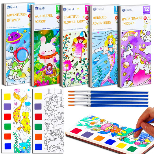 JUNQIU 5Pack Water Color Paint Sets for Kids, Paint With Water Books for Kids Ages 4-8, Pocket Watercolor Painting Book, Arts and Crafts Kit Easter Basket Stuffers For Girls Boys