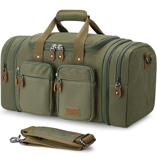 Gonex Canvas Duffle Bag for Travel, Expandable Water Resistant 60L Carry on Duffel Overnight Weekender Gym Bag with Wet Dry Separation Pocket & Suitcase Handle Sleeve, Army Green