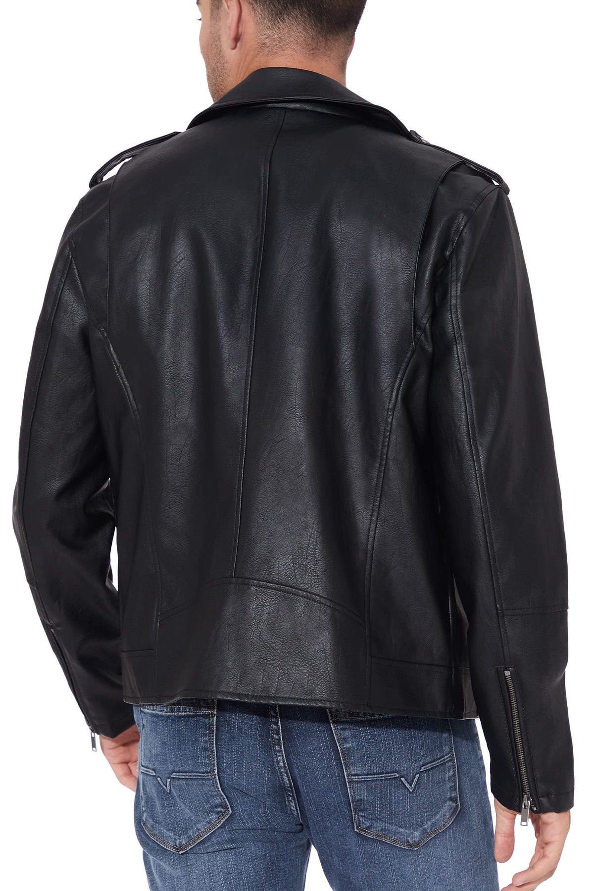 Fahsyee Leather Jackets for Men, Faux Bomber Jacket Mens Motorcycle Lapel Zip-Up Belt Slim Fit Biker Coat Black L