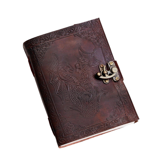 AzureGreen DOUBLE DRAGON Blank Page BOOK Handcrafted Leather Writing Unlined 5 x 7 JOURNAL (MEDIUM, Brown With Claps)