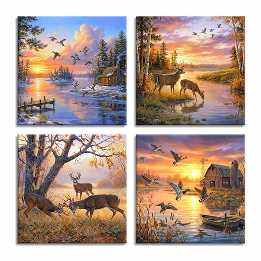 Ardakar Vintage Yellow Fall Landscape Wild Duck Wall Art Wildlife Canvas Printed Oil Painting Home Decor orange Animal Deer Picture for Living Room Modern Framed 4 Panel (Framed, 12''x12''x4pcs)