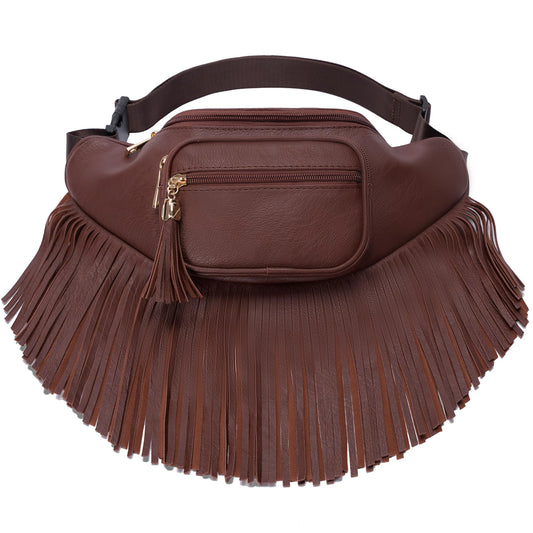 Solene Fringe Waist bag for women with Multi Zipper Pockets - (KL088, Coffee)