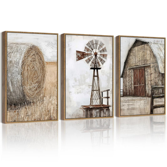 Drsoum Farmhouse Wall Art Vintage Rustic Windmill Barn Cornfield Pictures Framed Painting Landscape Countryside Rural Canvas Artwork Home Decor Ready to Hang 11x14in - Natural Framed