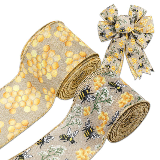 JarThenaAMCS 2 Rolls Bee Wired Edge Ribbons Craft Ribbon 2.5 in 20 Yards Bumble Bee Honeycomb Fabric Wrapping Ribbon for Bow Wreath Summer Party Home Decor