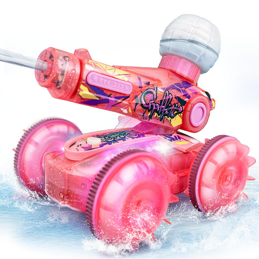 BEZGAR Amphibious Remote Control Car Toys for Ages 6-8, Rc Stunt Car with Water Gun for Boys and Girls 8-12, Remote Control Boat with Light Beach and Pool Toys for Kids (Pink)