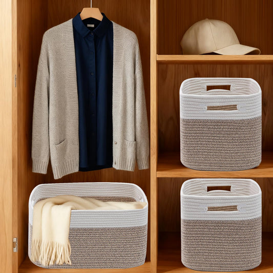 HZFTJOY 3 Pack Woven Rope Storage Baskets for Shelves,13.5"×11"×9.5" Storage Bins with Handles,Empty Gift Baskets,Nursery Organizer for Toys,Towels,Books,Closet,Living Room,Bedroom (White & Brown)