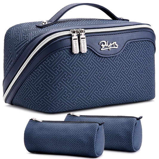 BOYATU Travel Makeup Bags for Women: Vintage Roman Column Texture Large Capacity Cosmetic Bag - Each Journey, Quiet Luxury Serenity - 3 Pcs Set Organizer Toiletry Purse 50% Extra Storage(Indigo)