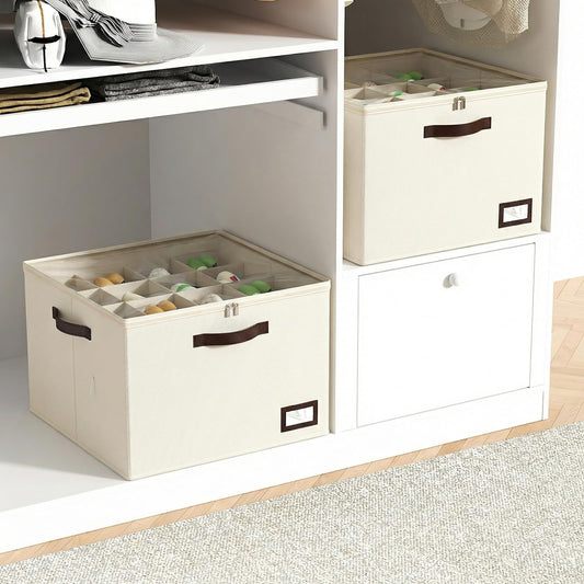 OIAHOMY 2 Pack Shoe Organizer for Closet, Large Foldable Shoe Storage Bins with Dividers and Reinforced Handles, Each Clear Cover Sneaker Box Fits Up to 16 Pairs for Entryway and Bedroom, Beige