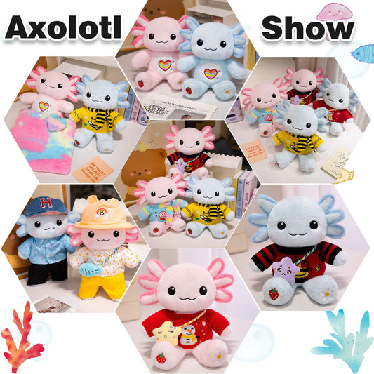 KUMANEKO Cute Axolotl Plush Gift Set with 12 Pcs Axolotl Stuffed Animal Clothes & Accessories, 13-Inch Axolotl Toy, 5/6/7/8/9/10-12 Year Old Girl Birthday Gift