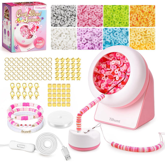 Tilhumt Clay Bead Spinner, 2112Pcs Clay Bead Spinner Kit for Jewelry Making, Friendship Bracelets Maker with Needle and Elastic String, Bracelet Making Machine for Craft Bead Lovers & Adults, Pink