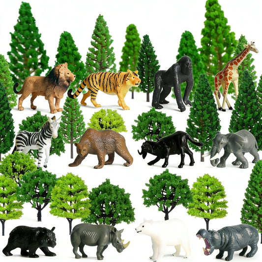 MLIYYBE 40PCS Model Trees with 12PCS Mini Diorama Wild Animals Kit, Mixed Size 4.5-16cm Miniature Tree, Realistic Diorama Accessories for Model Railway, Train Scenery, Landscape, DIY Crafts