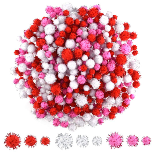 MIAHART 750 Pcs Valentines Crafts Pom Poms Glitter Fluffy Pom Poms for DIY Craft Making Valentine's Day Party Decorations, 3 Sizes 3 Colors