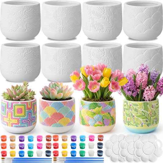 Zubebe 12 Pcs Paint Your Own Ceramic Pots Bulk Unfinished Succulent Pots Craft Kit with Drainage Hole Mini Paintable Plant Vase Ready to Paint Planter for Cactus DIY Craft (Nordic Embossed)