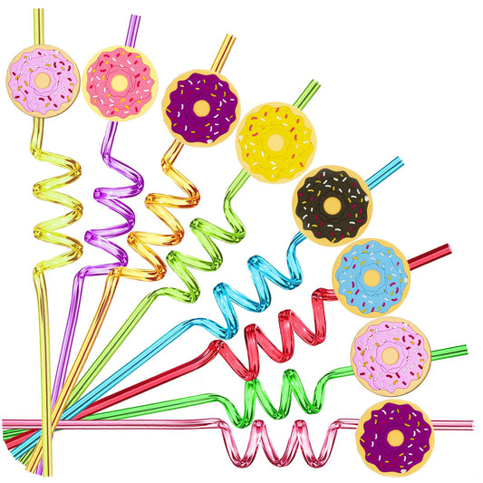 24 Reusable Donut Crazy Shape Straws for Birthday Party Supplies Party Decorations Party Favors with 2 Cleaning Brushes 8 Color Straws