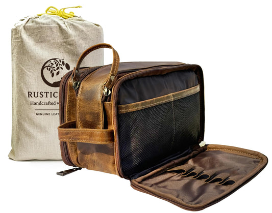 RUSTIC TOWN Leather Toiletry Bag - Men Shaving Ditty Kit - Women Cosmetic Bag Makeup Organizer for Travel Size Toiletries