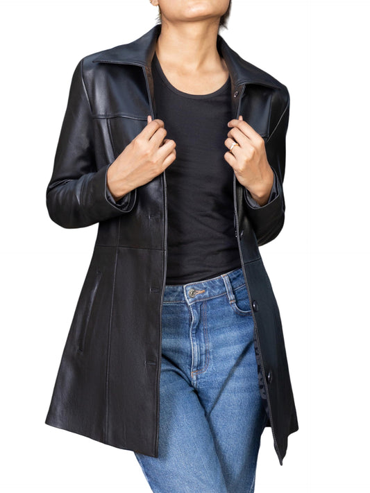 Jild Casual Car Coat Lambskin Leather Jacket Women – ¾ Length Blazer Overcoat Style Leather Long Coat Women (CCW-Blk-XS)