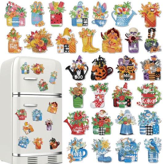 Relaxweex 30 Pcs Seasonal Diamond Painting Magnet Holiday Easter Diamond Art Magnet Kits for Adult 5D Rhinestones Mason Jar Flower Refrigerator Magnetic Sticker for Fridge DIY Crafts Gifts(Holiday)
