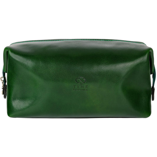 Time Resistance Leather Toiletry Bag - Italian Cosmetic Case Dopp Kit (Green)